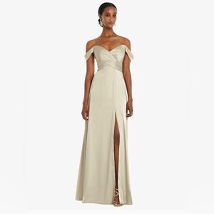 OFF-THE-SHOULDER FLOUNCE SLEEVE EMPIRE WAIST GOWN WITH FRONT SLIT IN CHAMPAGNE